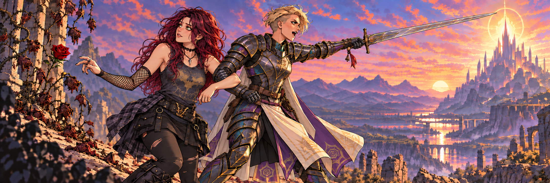Kane notices a living rose among dead blooms while Tessera links elbows with her and points a sword toward a distant luminous city.